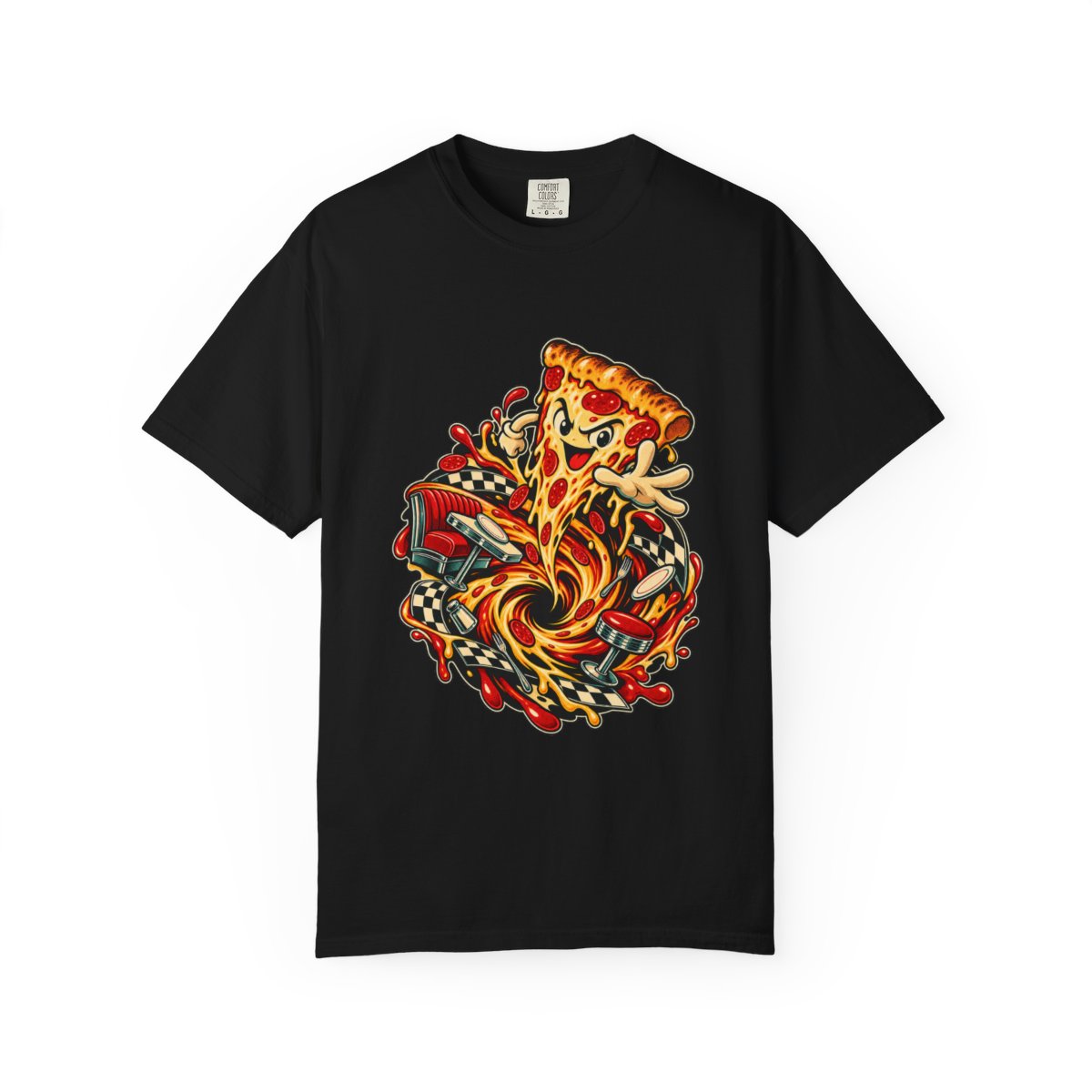 Pizza Singularity Tee large front print on a Black Comfort Colors 1717 tee