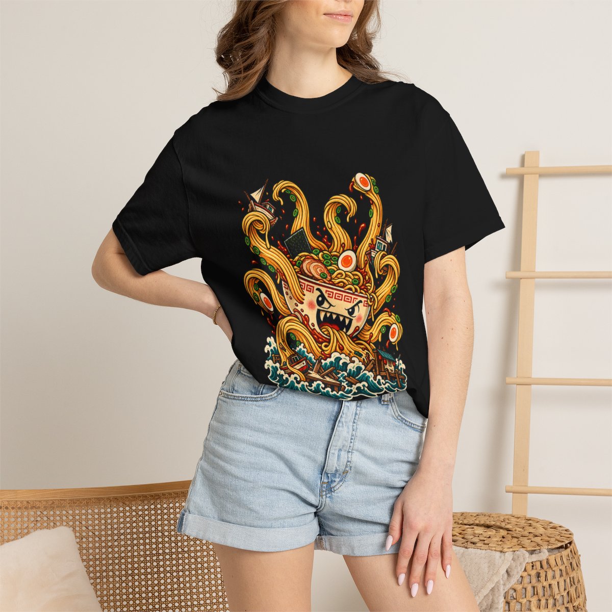 Ramen Kraken Tee worn Printify context view on a Black Comfort Colors 1717 tee