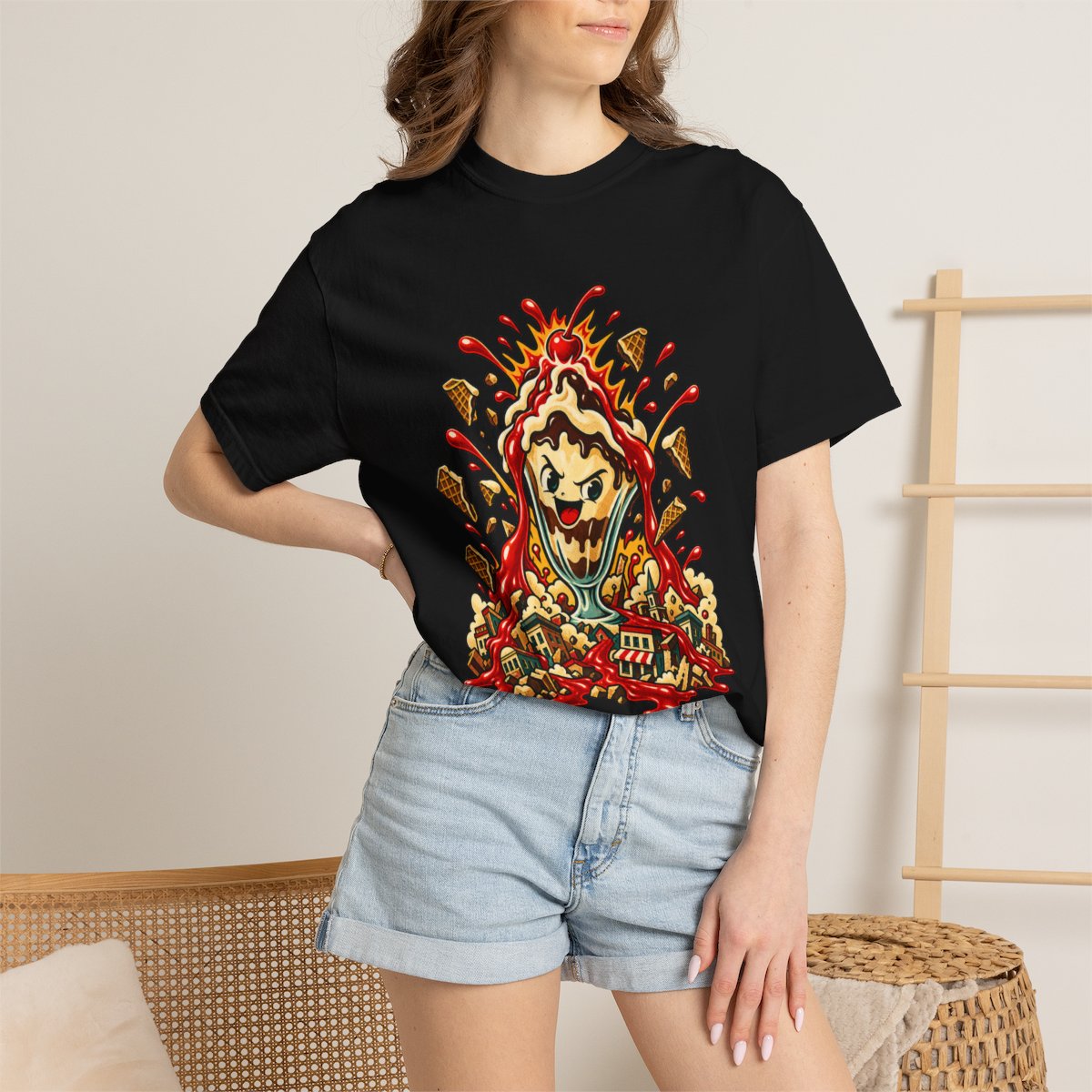Sundae Meltdown Tee worn Printify context view on a Black Comfort Colors 1717 tee