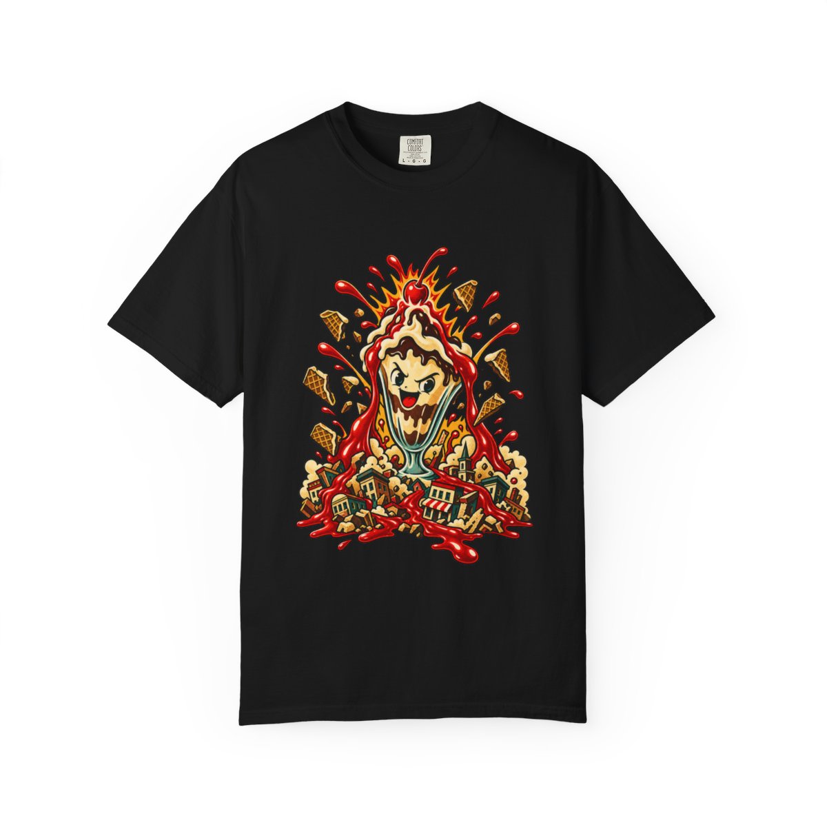 Sundae Meltdown Tee large front print on a Black Comfort Colors 1717 tee