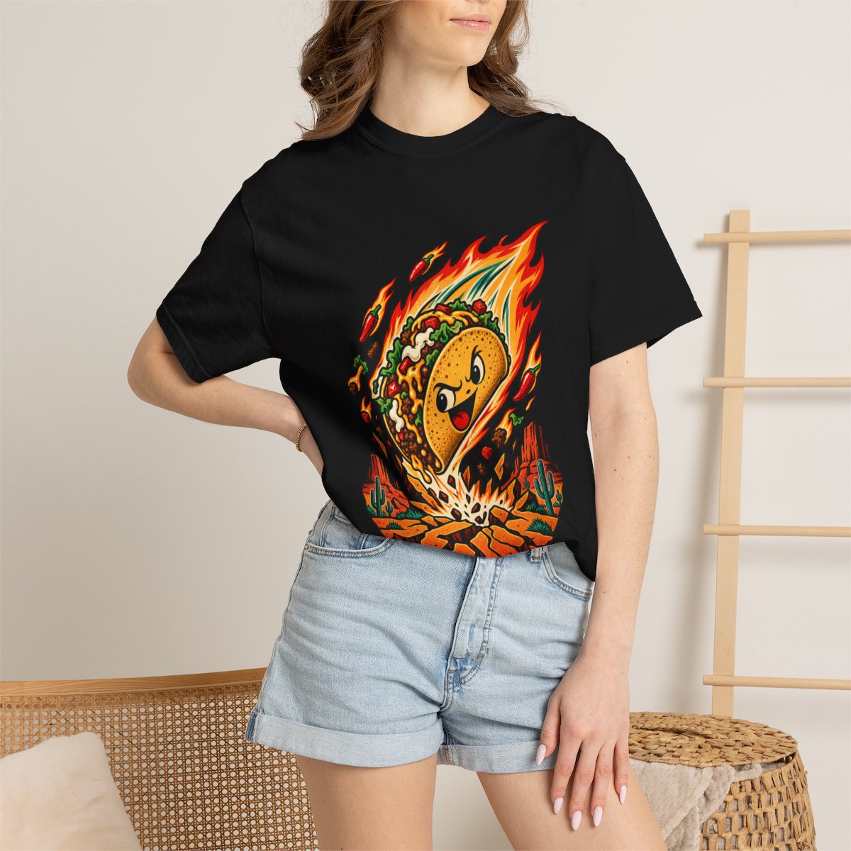 Taco Comet Tee worn Printify context view on a Black Comfort Colors 1717 tee