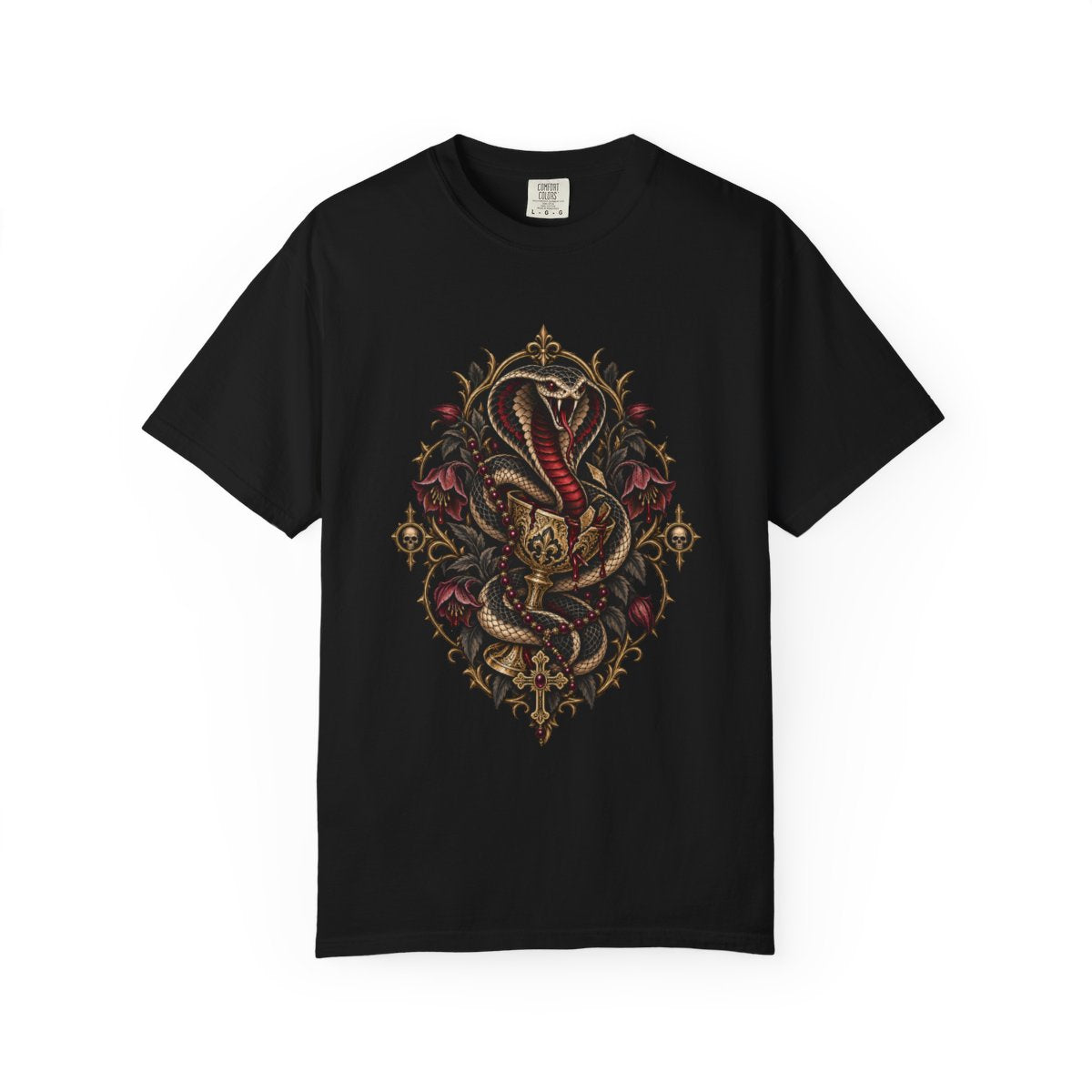 Venom Rosary Tee large front print on a Black Comfort Colors 1717 tee