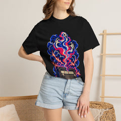 Ghost Frequency Tee worn Printify context view on a Black Comfort Colors 1717 tee