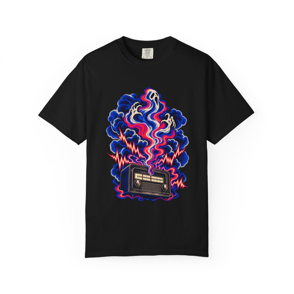 Ghost Frequency Tee large front print on a Black Comfort Colors 1717 tee