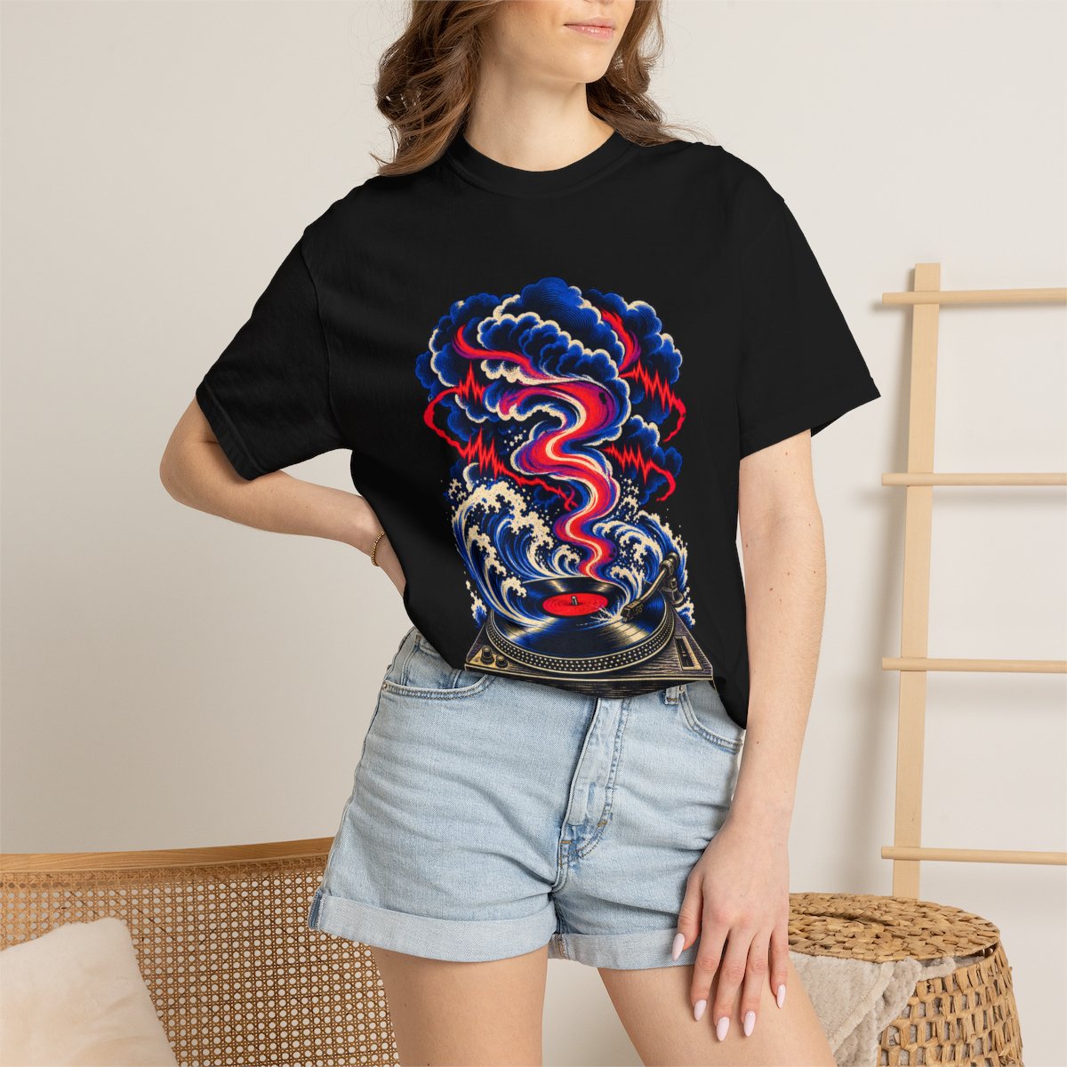 Record Tempest Tee worn Printify context view on a Black Comfort Colors 1717 tee