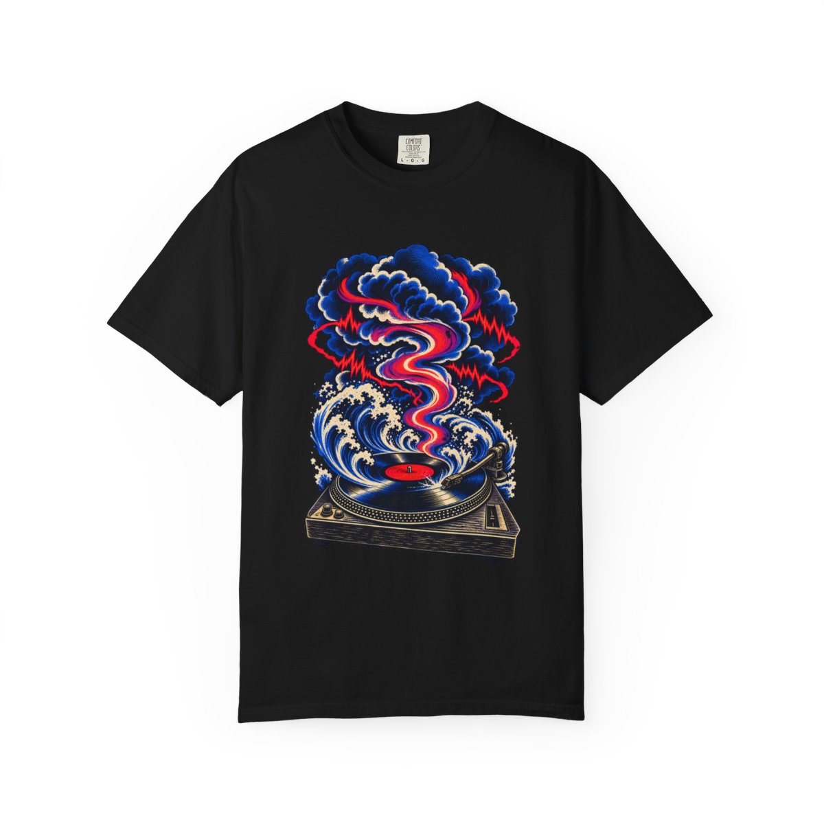 Record Tempest Tee large front print on a Black Comfort Colors 1717 tee