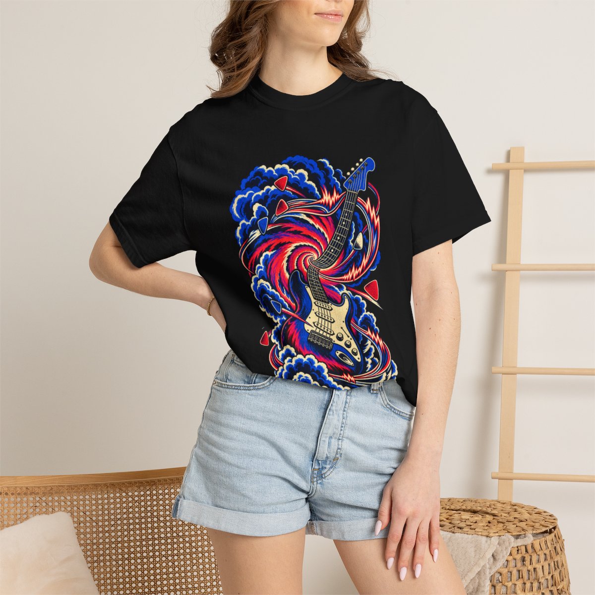 Riff Cyclone Tee worn Printify context view on a Black Comfort Colors 1717 tee