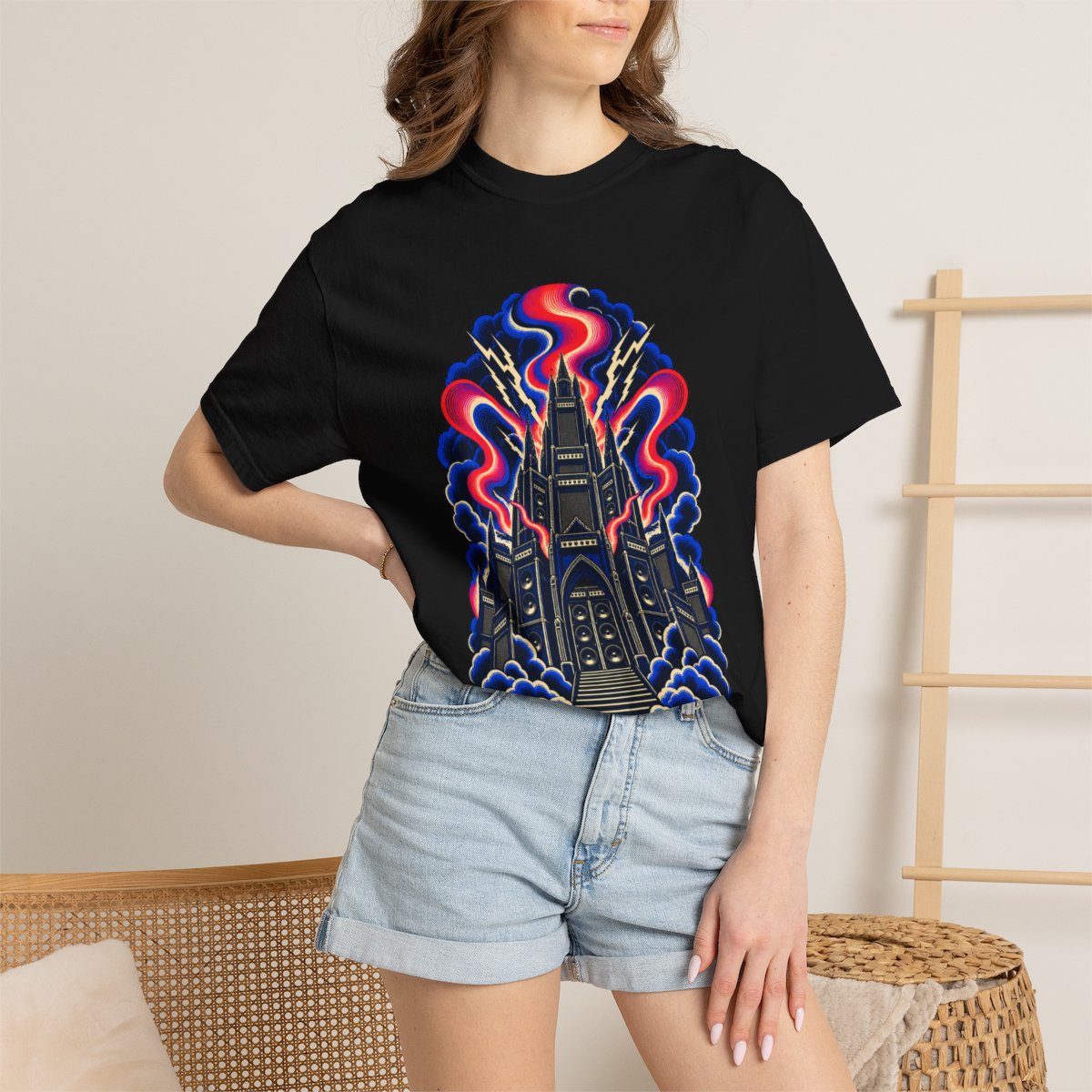 Signal Cathedral Tee worn Printify context view on a Black Comfort Colors 1717 tee