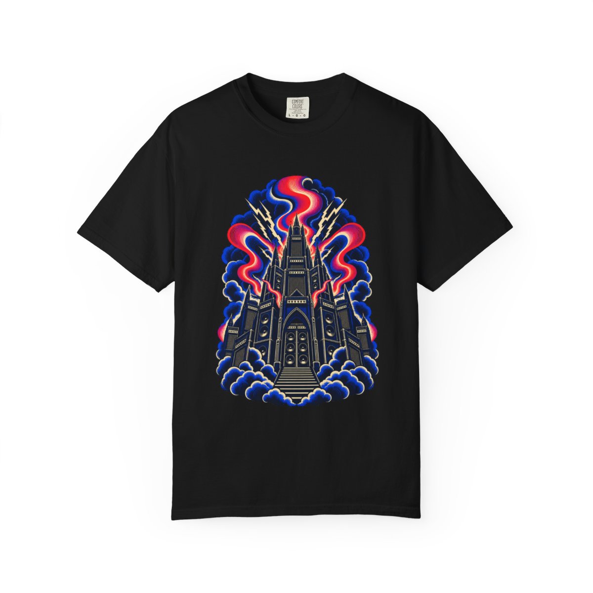 Signal Cathedral Tee large front print on a Black Comfort Colors 1717 tee