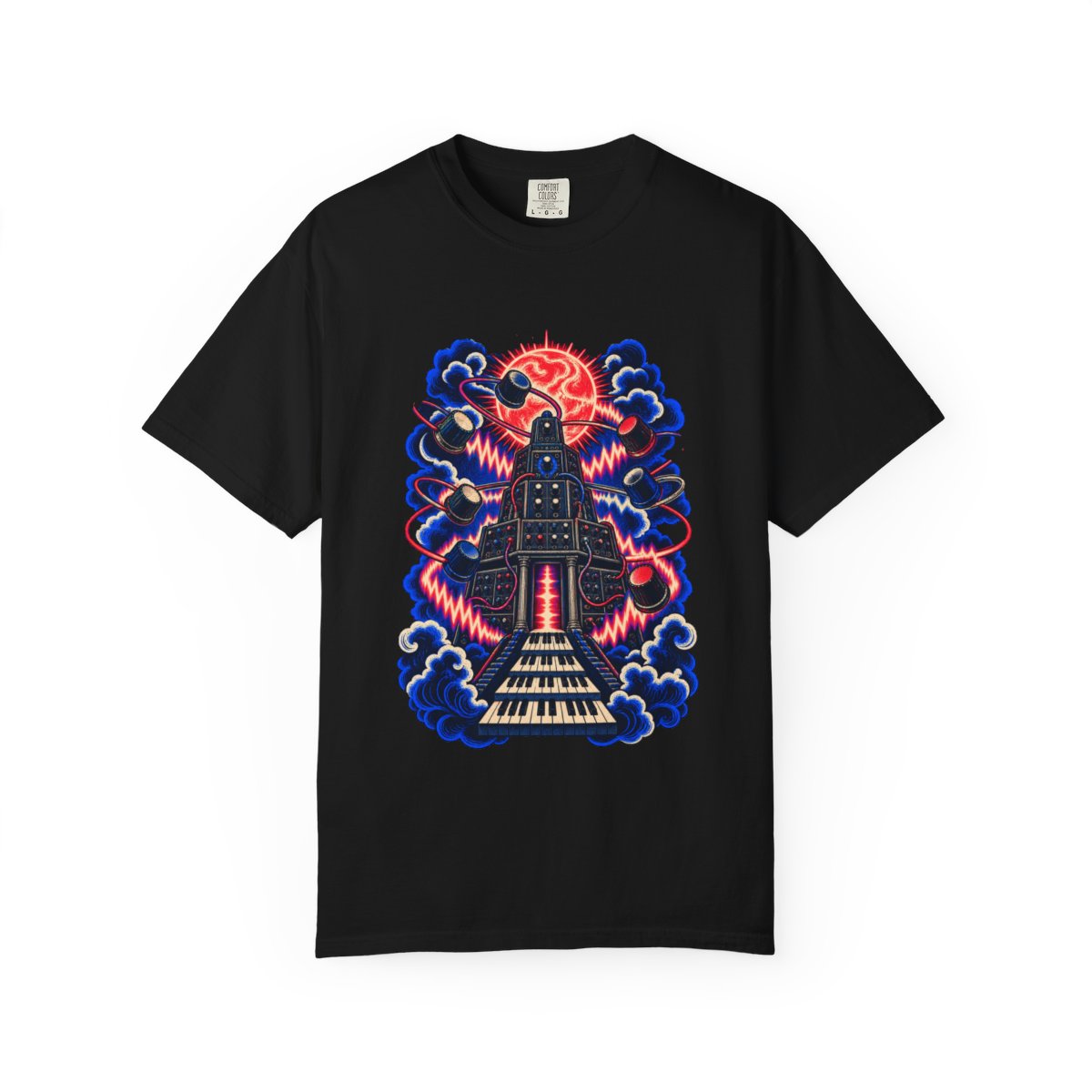Synth Shrine Tee large front print on a Black Comfort Colors 1717 tee