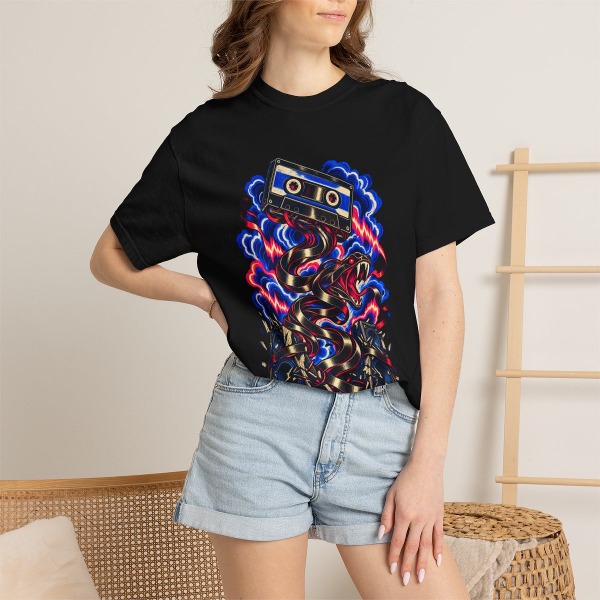Tape Serpent Tee worn Printify context view on a Black Comfort Colors 1717 tee
