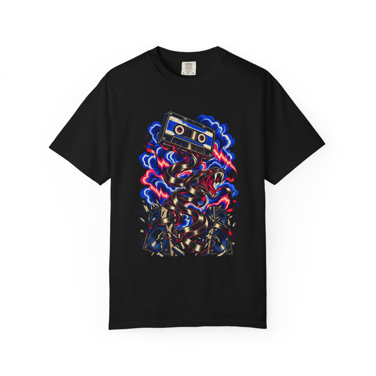Tape Serpent Tee large front print on a Black Comfort Colors 1717 tee