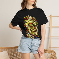 Ammonite Vortex Tee worn Printify context view on a Black Comfort Colors 1717 tee