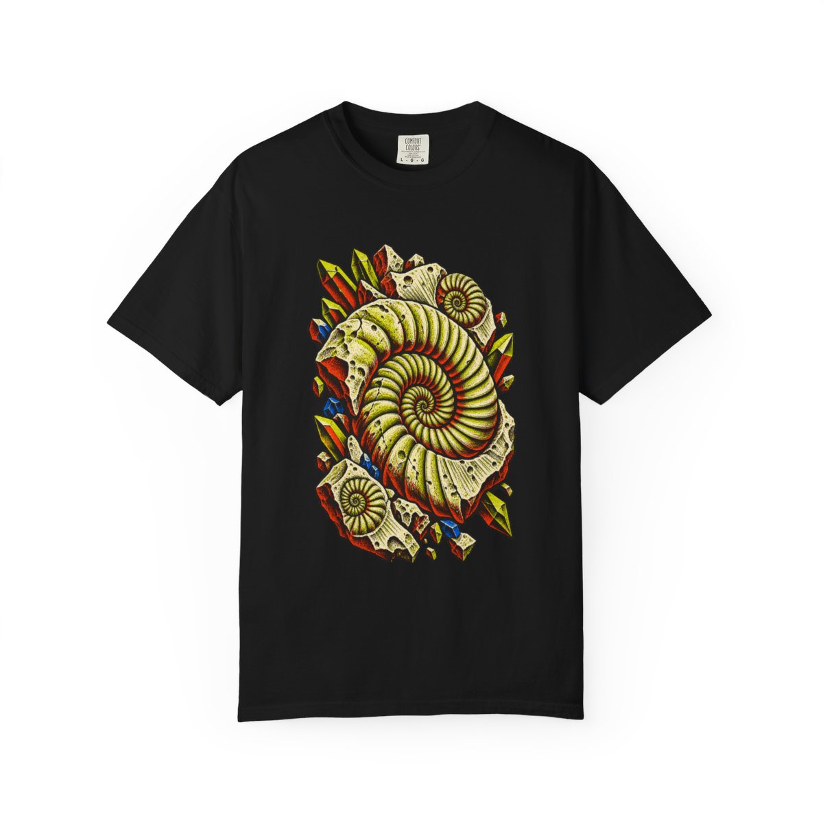 Ammonite Vortex Tee large front print on a Black Comfort Colors 1717 tee