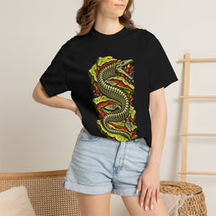 Fossil Serpent Tee worn Printify context view on a Black Comfort Colors 1717 tee