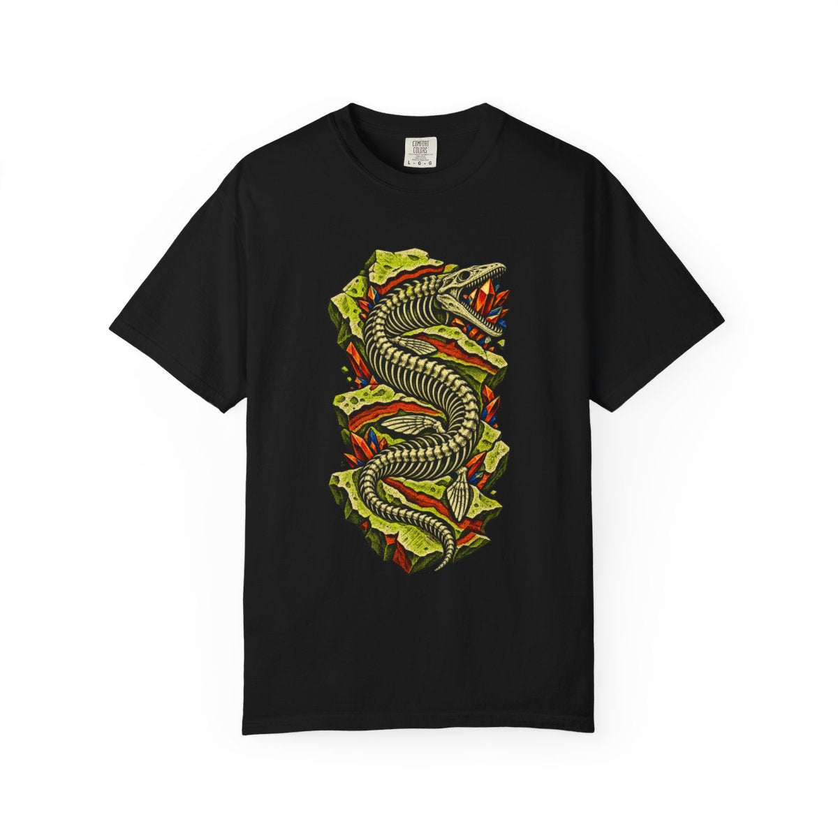 Fossil Serpent Tee large front print on a Black Comfort Colors 1717 tee