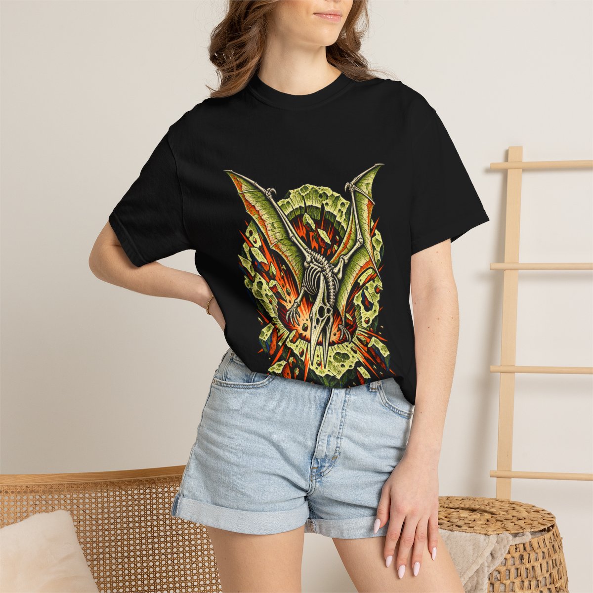 Pterosaur Impact Tee worn Printify context view on a Black Comfort Colors 1717 tee