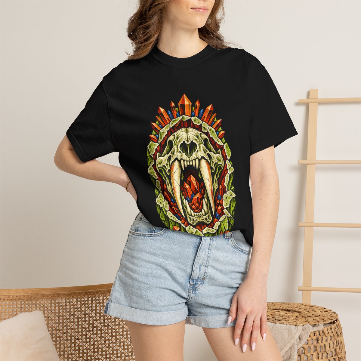 Saber Vault Tee worn Printify context view on a Black Comfort Colors 1717 tee