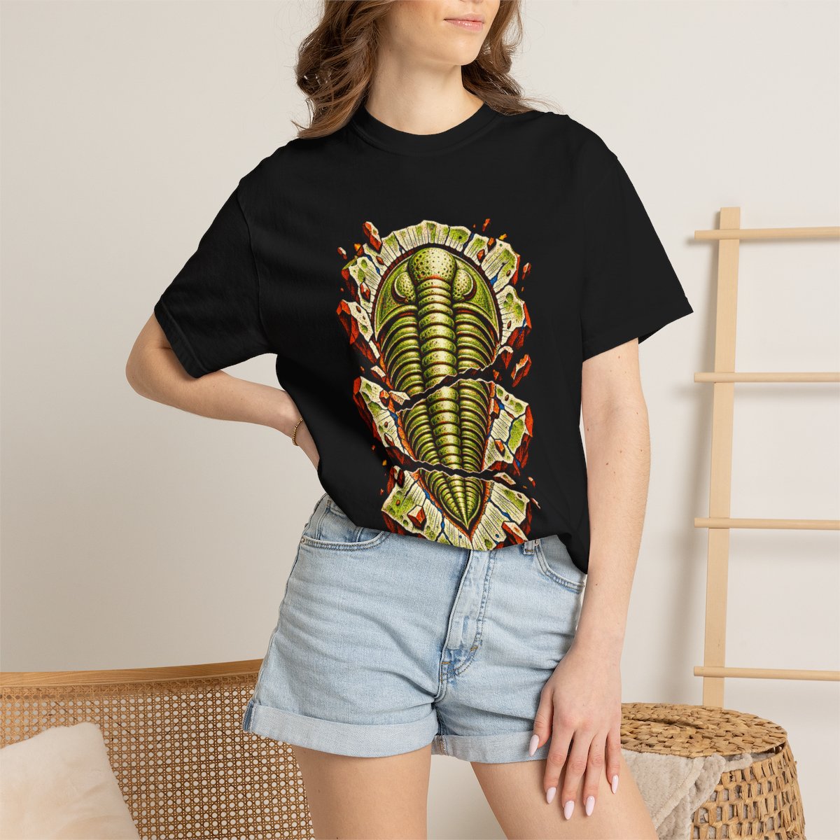 Trilobite Breakout Tee worn Printify context view on a Black Comfort Colors 1717 tee