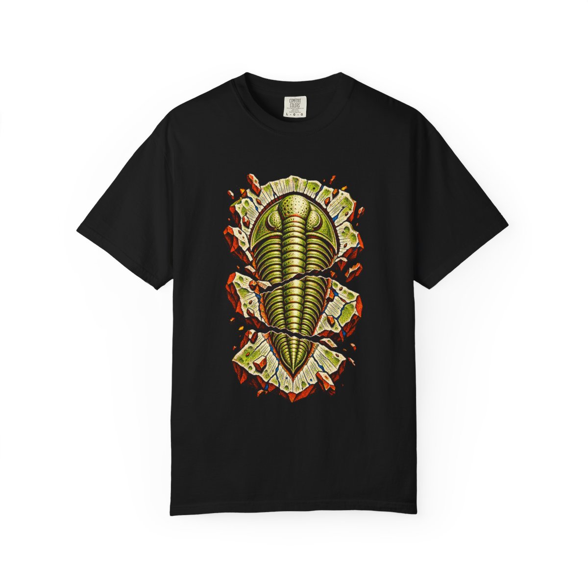Trilobite Breakout Tee large front print on a Black Comfort Colors 1717 tee