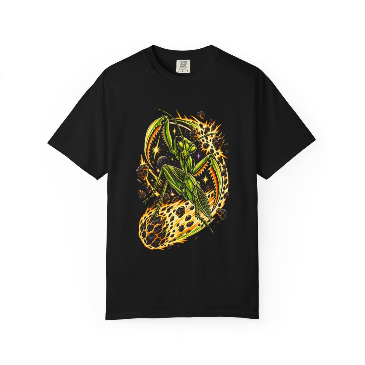 Comet Mantis Tee large front print on a Black Comfort Colors 1717 tee