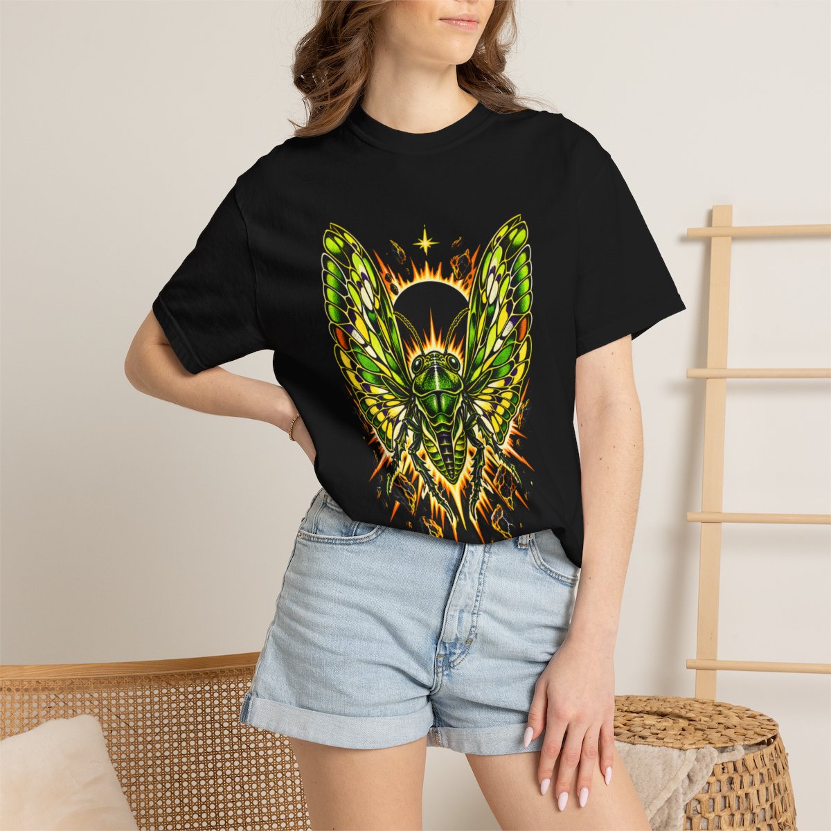 Eclipse Cicada Tee worn Printify context view on a Black Comfort Colors 1717 tee