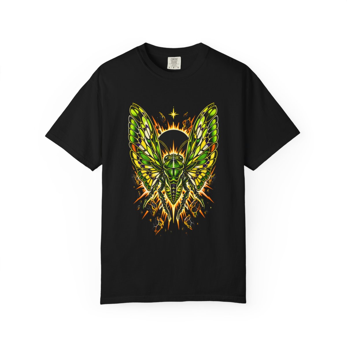 Eclipse Cicada Tee large front print on a Black Comfort Colors 1717 tee