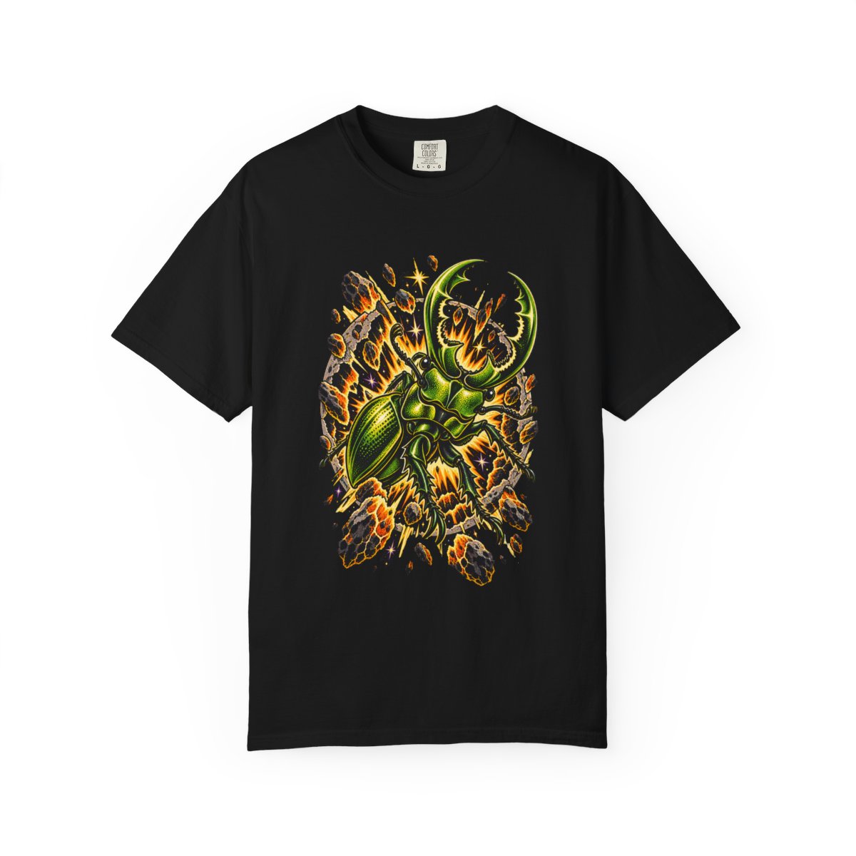 Meteor Stag Tee large front print on a Black Comfort Colors 1717 tee