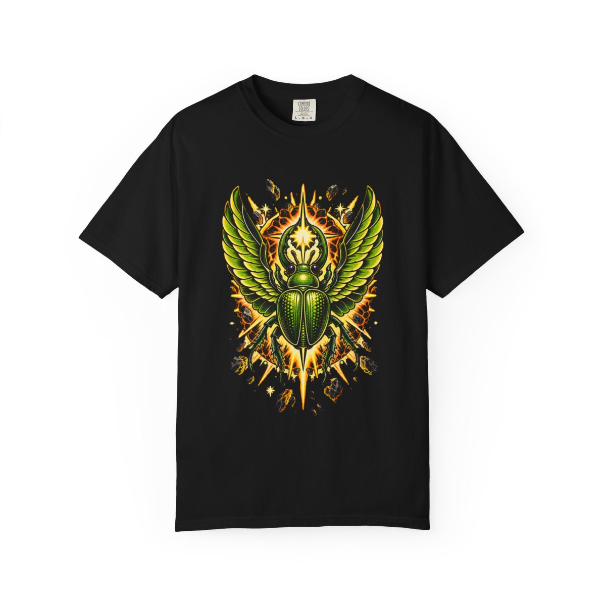 Nova Scarab Tee large front print on a Black Comfort Colors 1717 tee