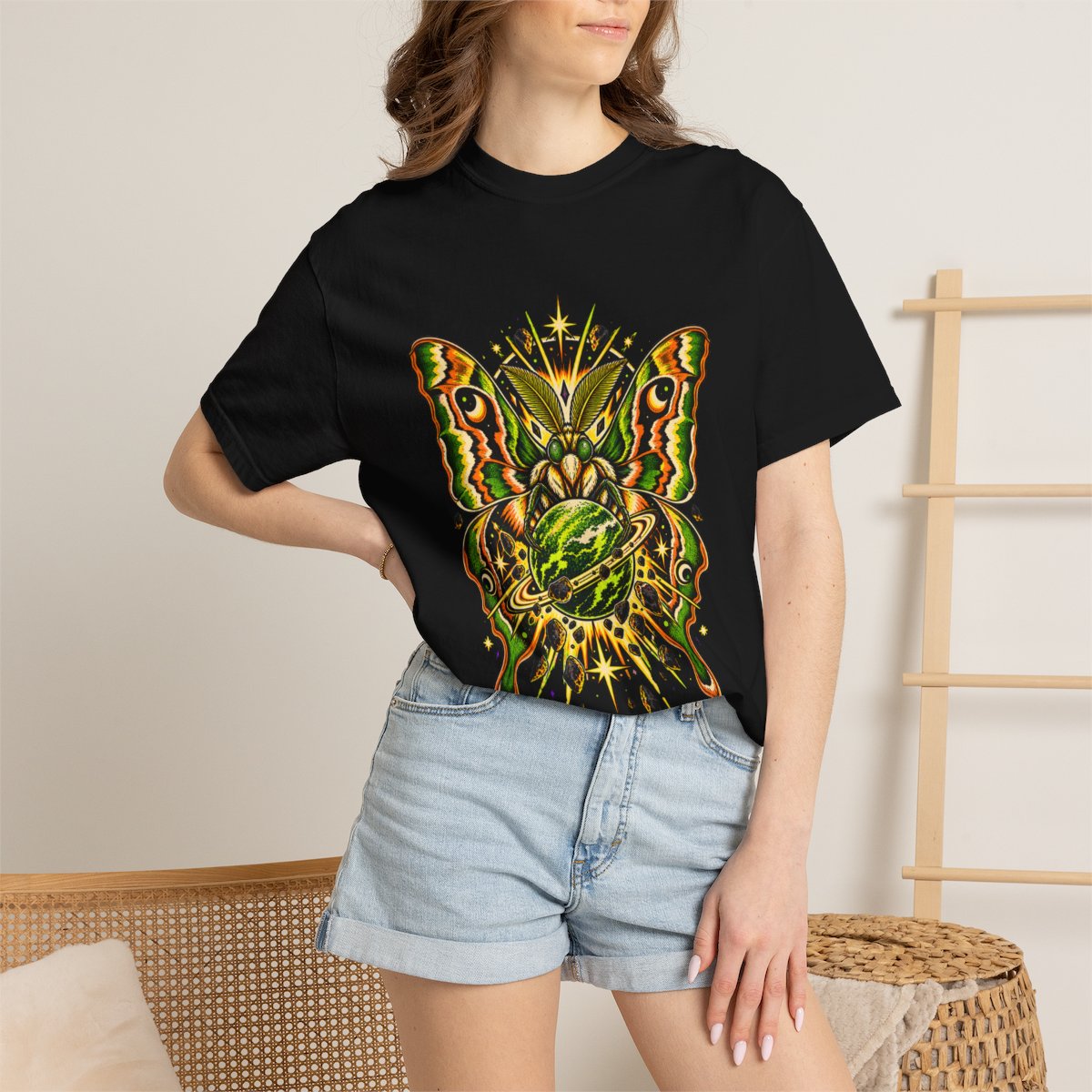 Orbit Atlas Tee worn Printify context view on a Black Comfort Colors 1717 tee
