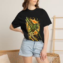 Solar Locust Tee worn Printify context view on a Black Comfort Colors 1717 tee