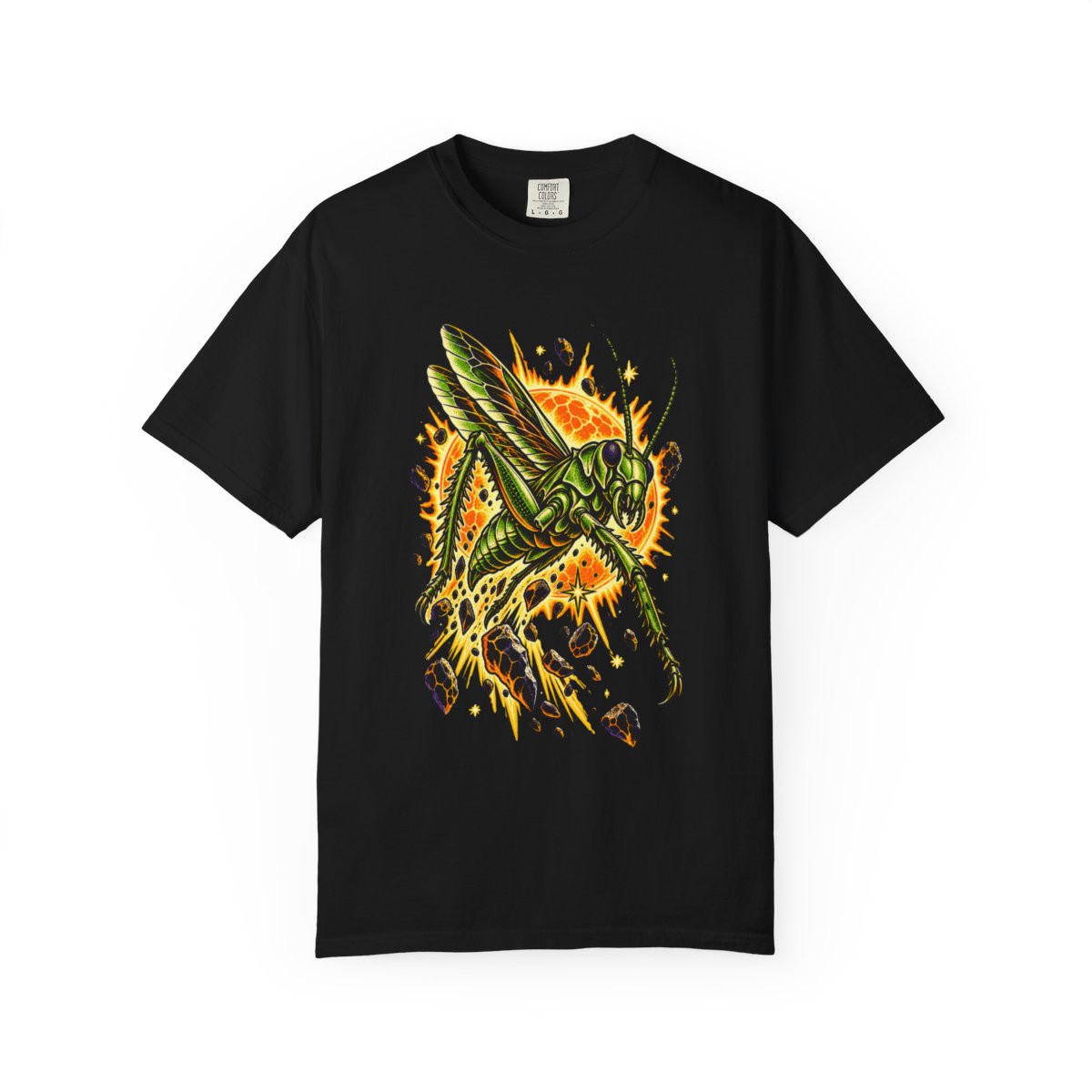 Solar Locust Tee large front print on a Black Comfort Colors 1717 tee