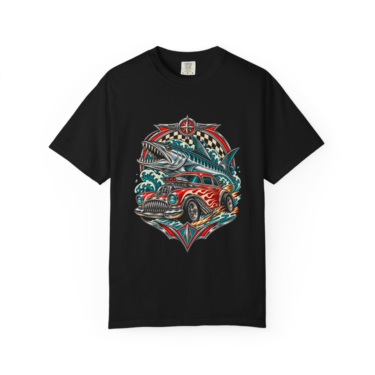 Barracuda Chrome Tee large front print on a Black Comfort Colors 1717 tee