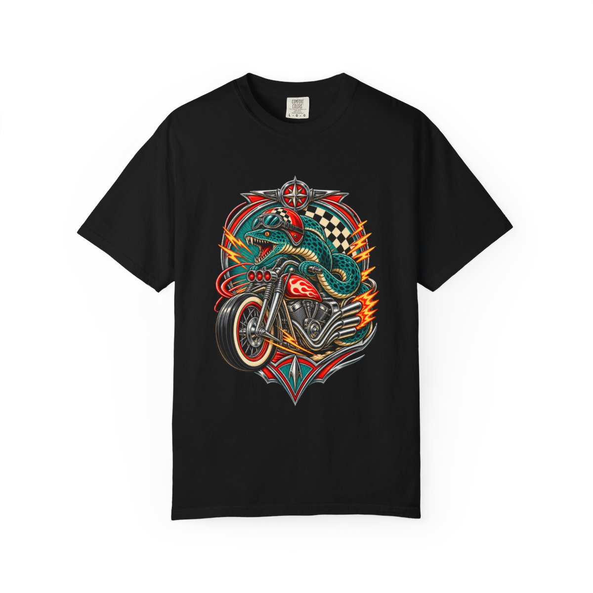 Eel Ignition Tee large front print on a Black Comfort Colors 1717 tee