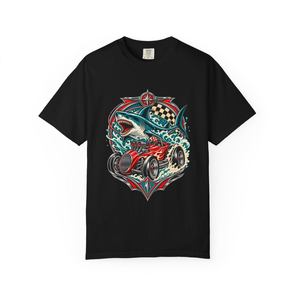 Mako Burnout Tee large front print on a Black Comfort Colors 1717 tee