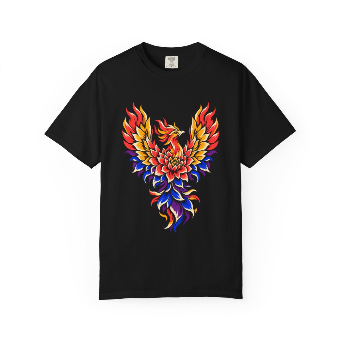 Dahlia Phoenix Tee large front print on a Black Comfort Colors 1717 tee