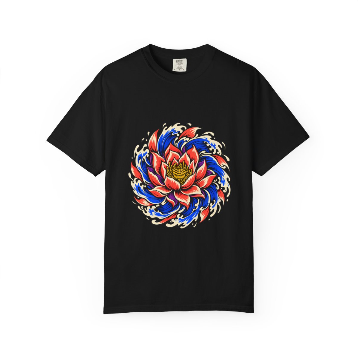 Lotus Vortex Tee large front print on a Black Comfort Colors 1717 tee