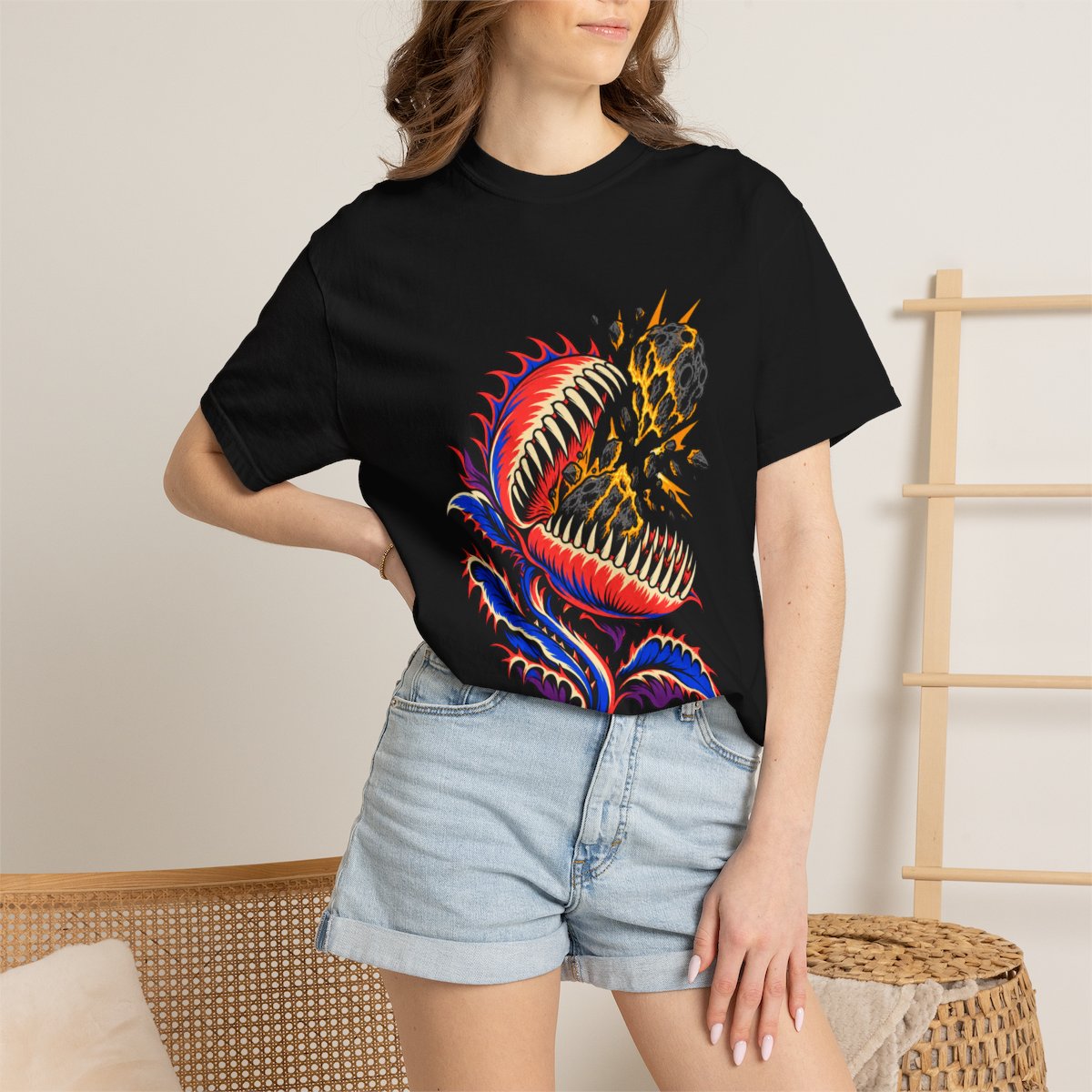Venus Snap Tee worn Printify context view on a Black Comfort Colors 1717 tee