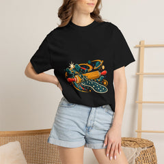 Asteroid Roller Tee worn Printify context view on a Black Comfort Colors 1717 tee