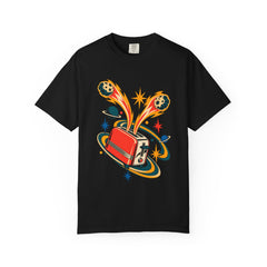 Meteor Toaster Tee large front print on a Black Comfort Colors 1717 tee