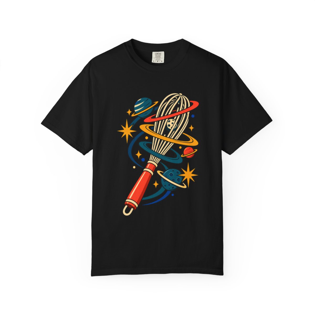 Orbit Whisk Tee large front print on a Black Comfort Colors 1717 tee