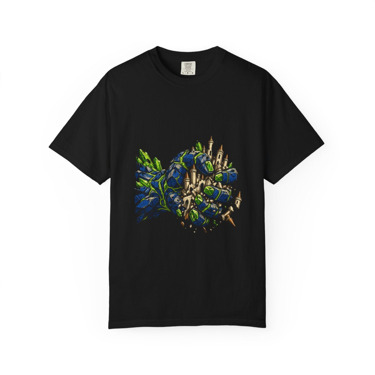 Emerald Siege Tee large front print on a Black Comfort Colors 1717 tee