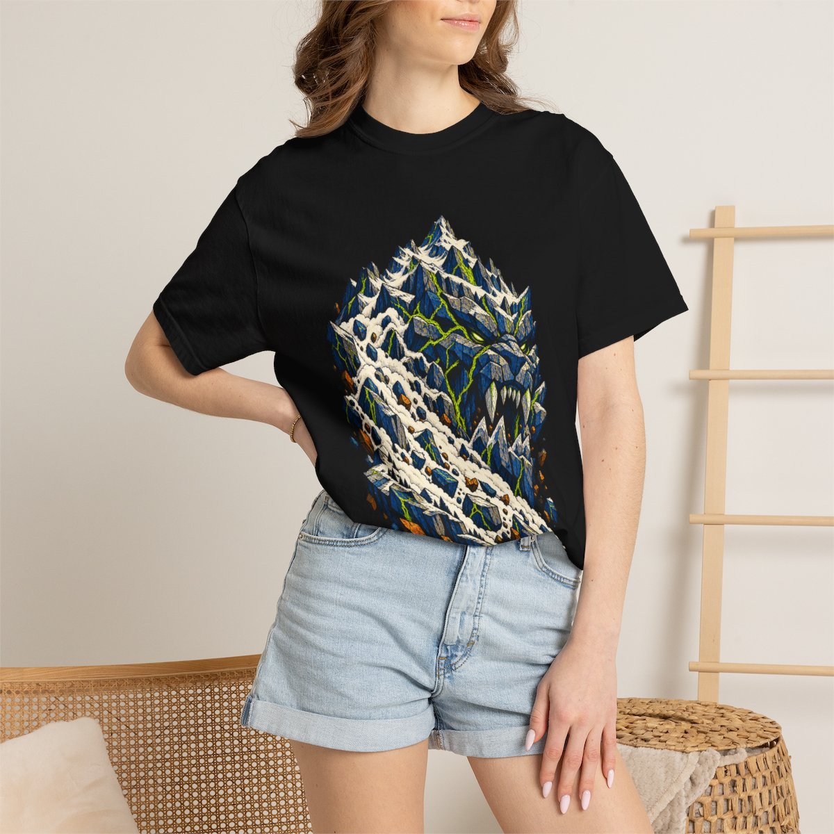 Mountain Roar Tee worn Printify context view on a Black Comfort Colors 1717 tee