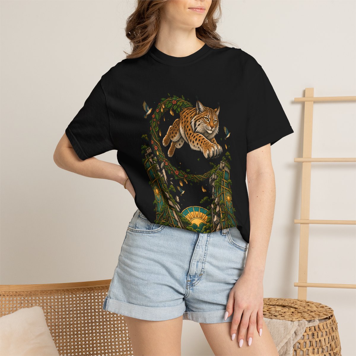 Canopy Leap Tee worn Printify context view on a Black Comfort Colors 1717 tee