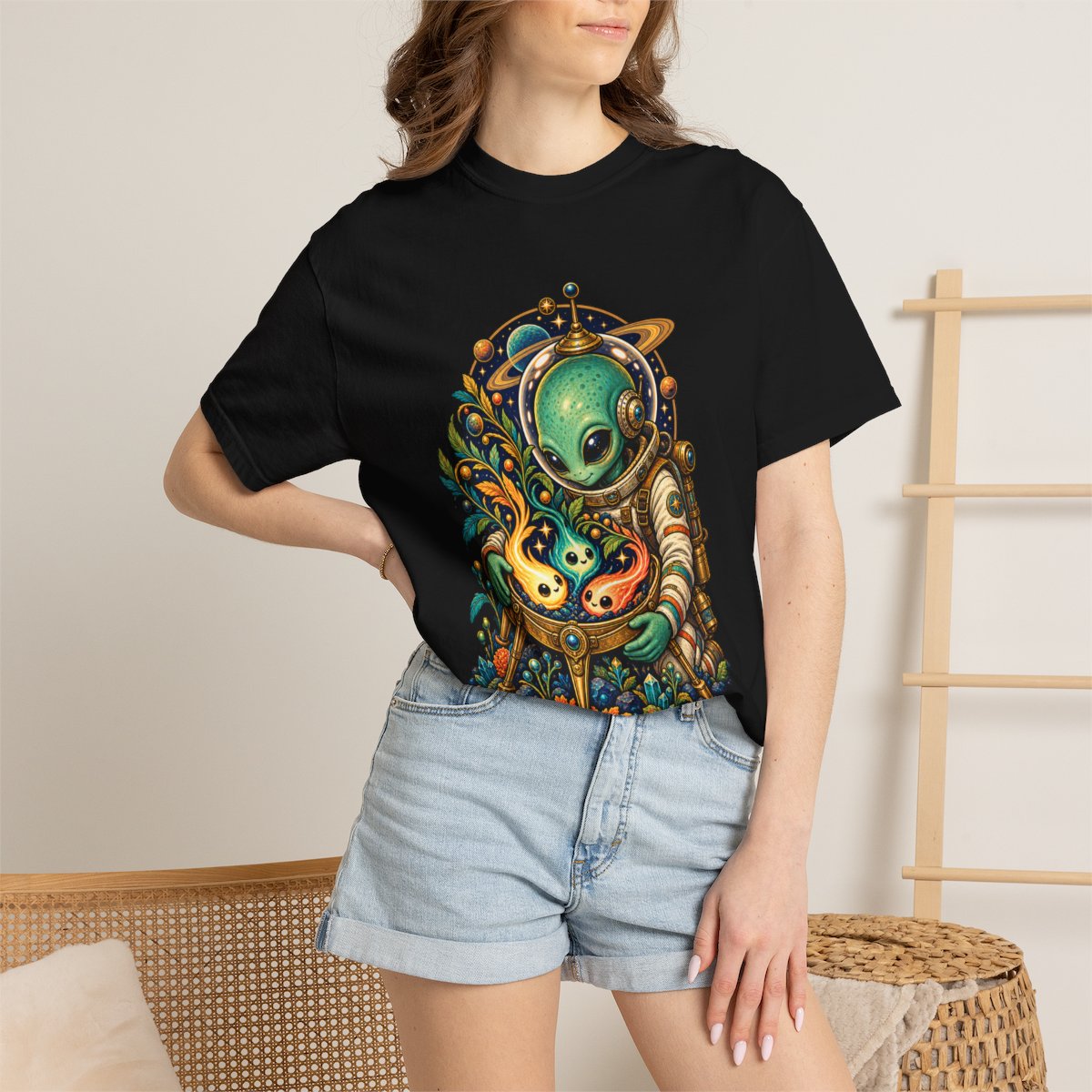 Comet Nursery Tee worn Printify context view on a Black Comfort Colors 1717 tee