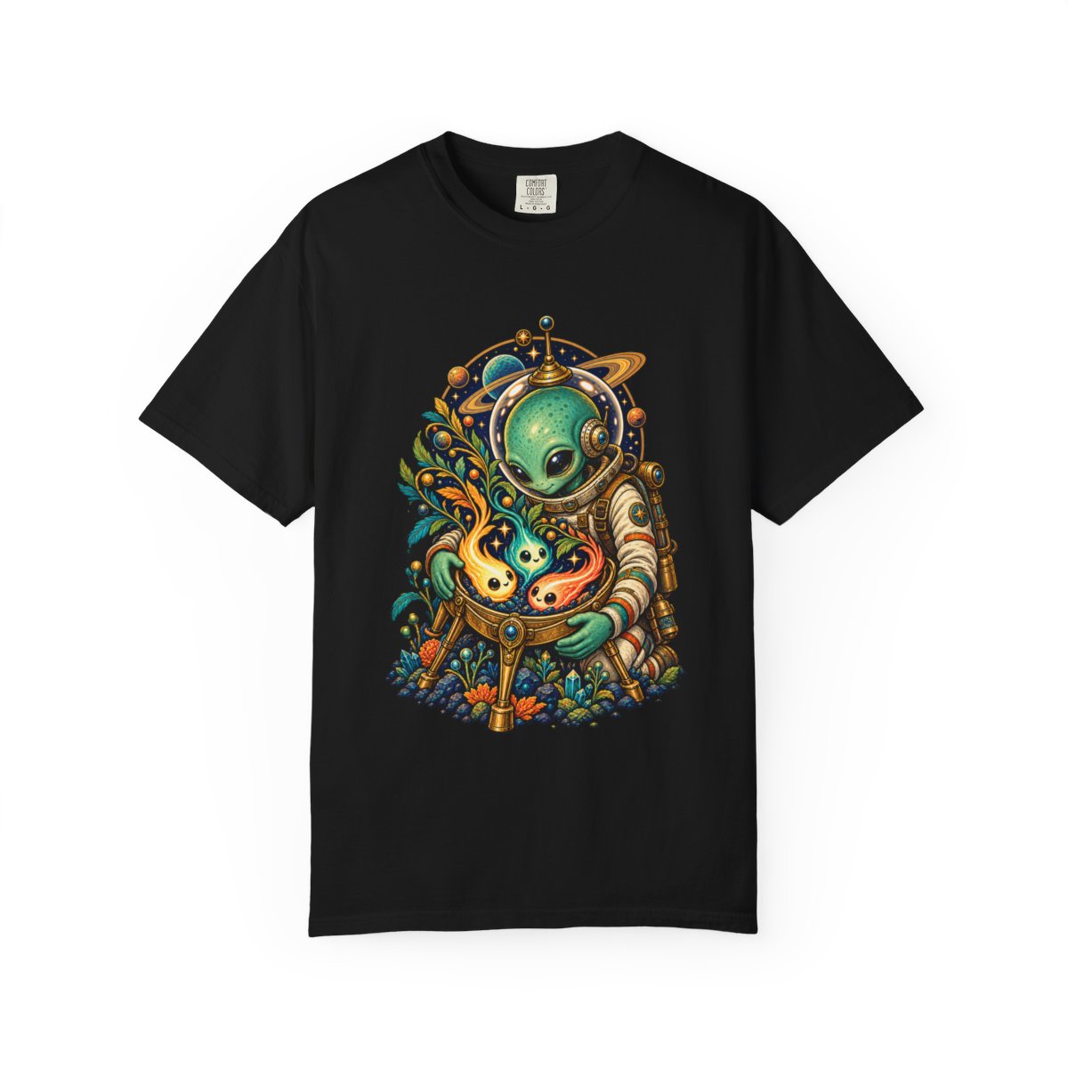 Comet Nursery Tee large front print on a Black Comfort Colors 1717 tee
