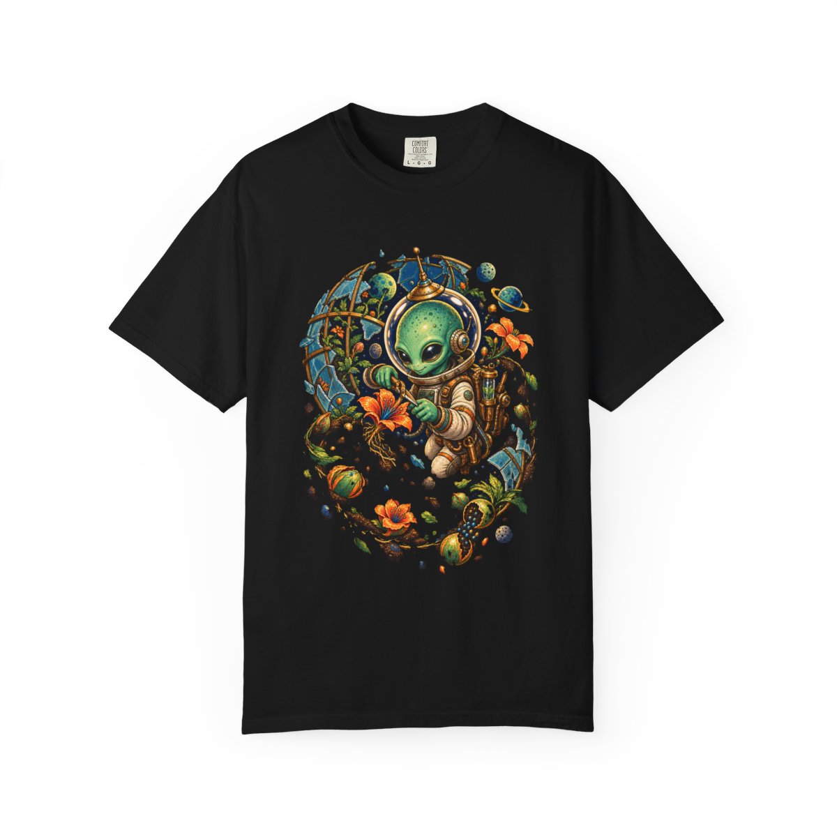 Gravity Garden Tee large front print on a Black Comfort Colors 1717 tee