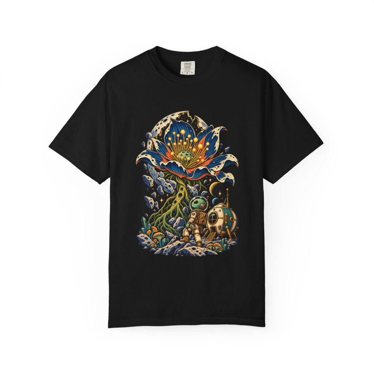 Moon Bloom Tee large front print on a Black Comfort Colors 1717 tee