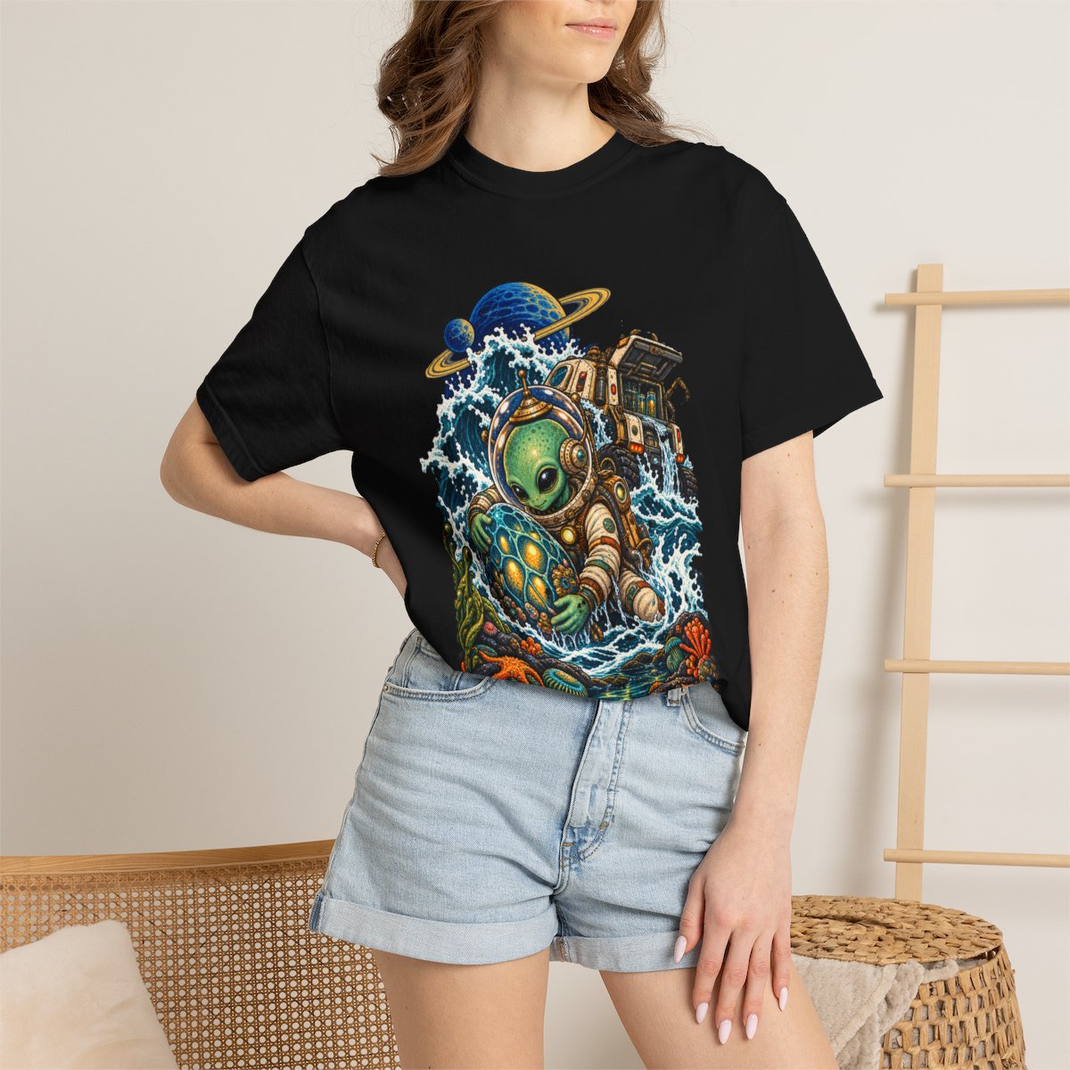 Tide Lab Tee worn Printify context view on a Black Comfort Colors 1717 tee