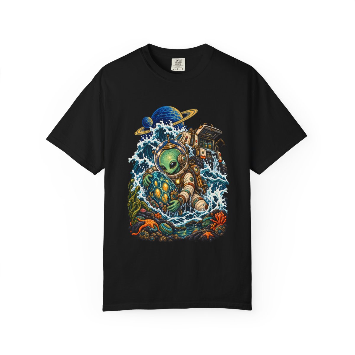 Tide Lab Tee large front print on a Black Comfort Colors 1717 tee